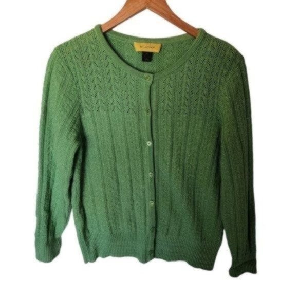 St. John Green Cable Knit Cardigan Sweater size M Medium Wool Blend - Picture 6 of 12